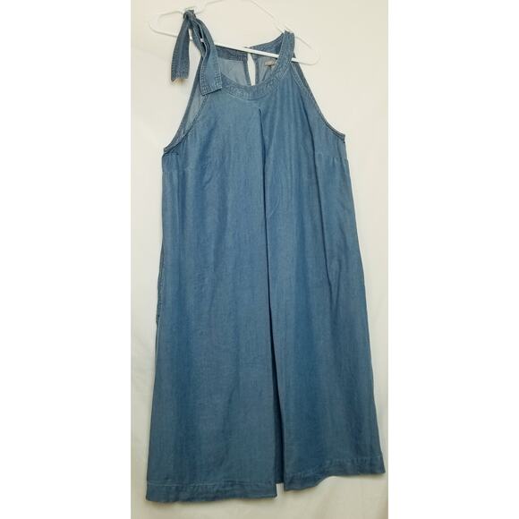 Jessica London Women's Denim Tie-Neck Midi Sun Dress Pleat Center Front Size16W - Picture 1 of 7